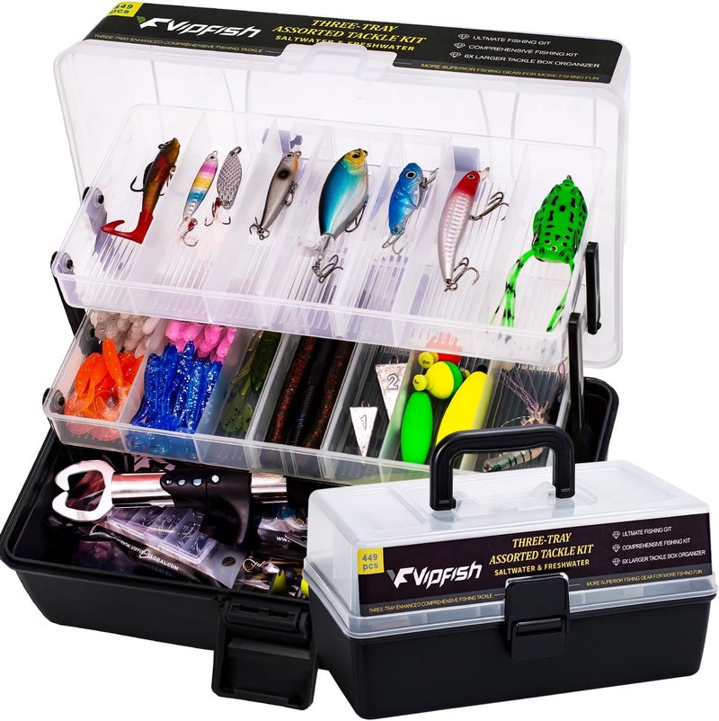 Vipfish 448-Pcs Fishing Lures Kit – Complete 3-Layer Tackle Box Set with Hooks, Weights, Bobbers, Pliers, Rigs, Leaders, Fluorocarbon Line, Accessories & More for Kids Fishing Gear (Black) - Image 1